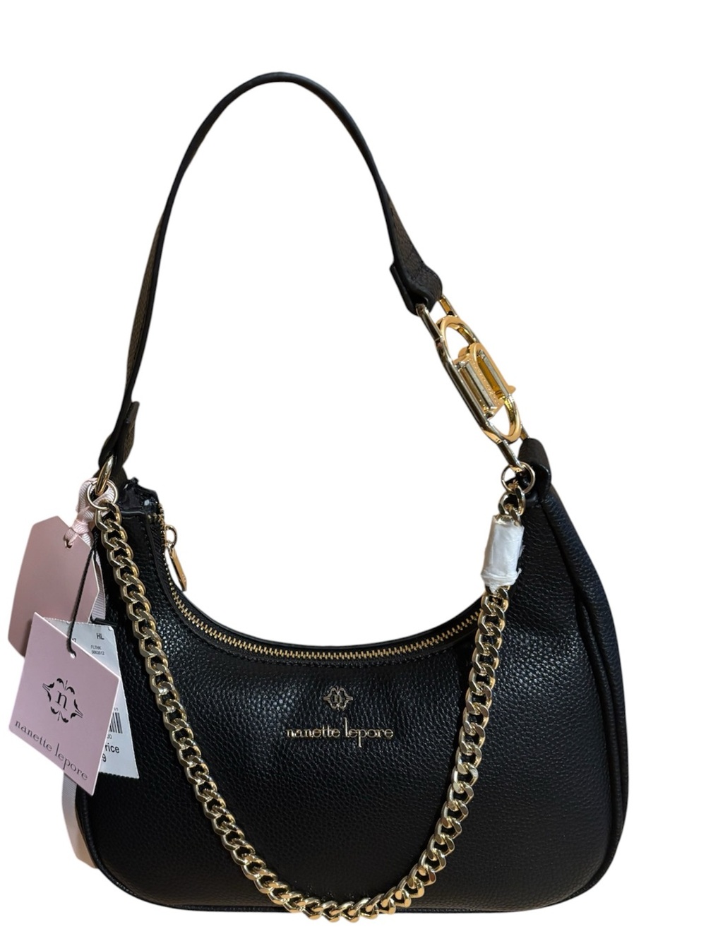 NWT Nanette Lepore Alana Black Pebbled faux Leather Shoulder Bag with Gold Chain